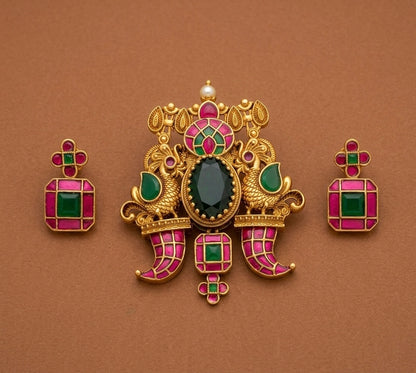 Antique gold tone pink-green kundan jadau peacock pendant set dj-54171