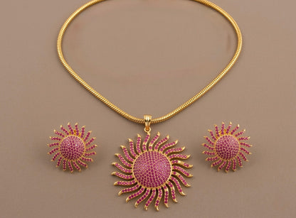 Gold tone ruby sun flower necklace set-dj06063