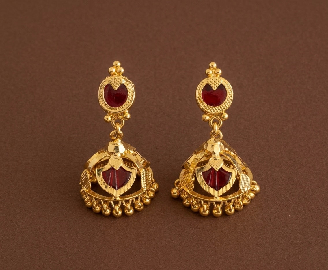 Gold tone kerala style red 3 petals of palakka jhumkka dj-53126