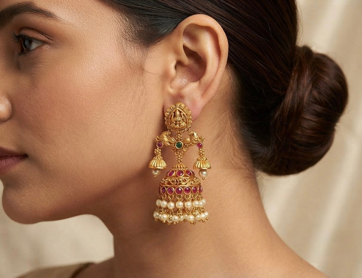 Matte finish kemp-green pearl peacock Lakshmi jhumkka dj-51874