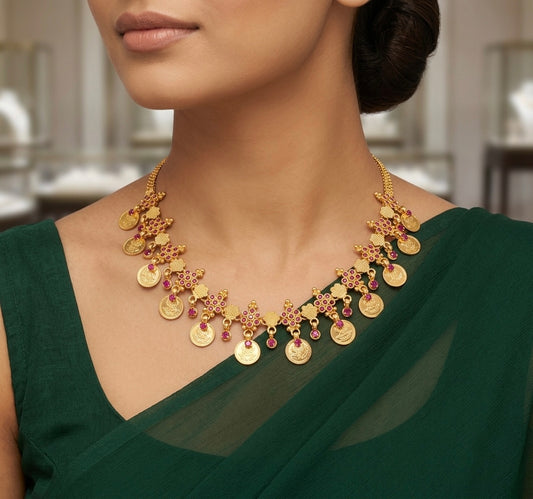 Gold tone pink stone lakshmi coin necklace dj-54121