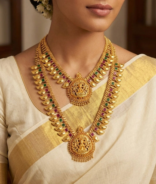 Gold tone pink-green lakshmi mango combo set dj-54278