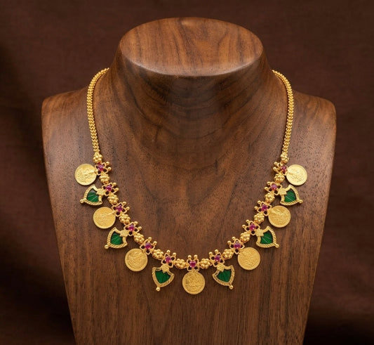 Gold tone kerala style pink-green palakka lakshmi coin necklace dj-53143
