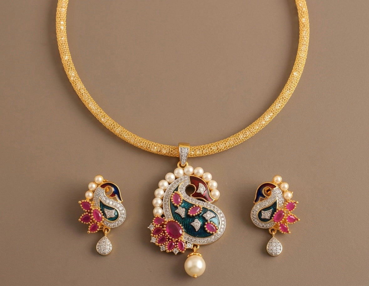 Two Tone cz meenakari blue mango necklace set-dj06041