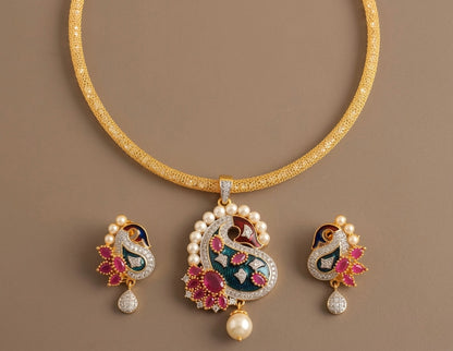 Two Tone cz meenakari blue mango necklace set-dj06041