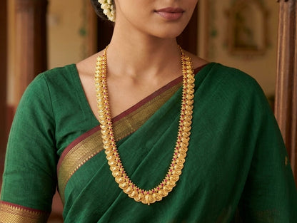 Gold tone reversible ruby mango lakshmi coin haar dj-33066