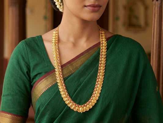 Gold tone reversible ruby mango lakshmi coin haar dj-33066