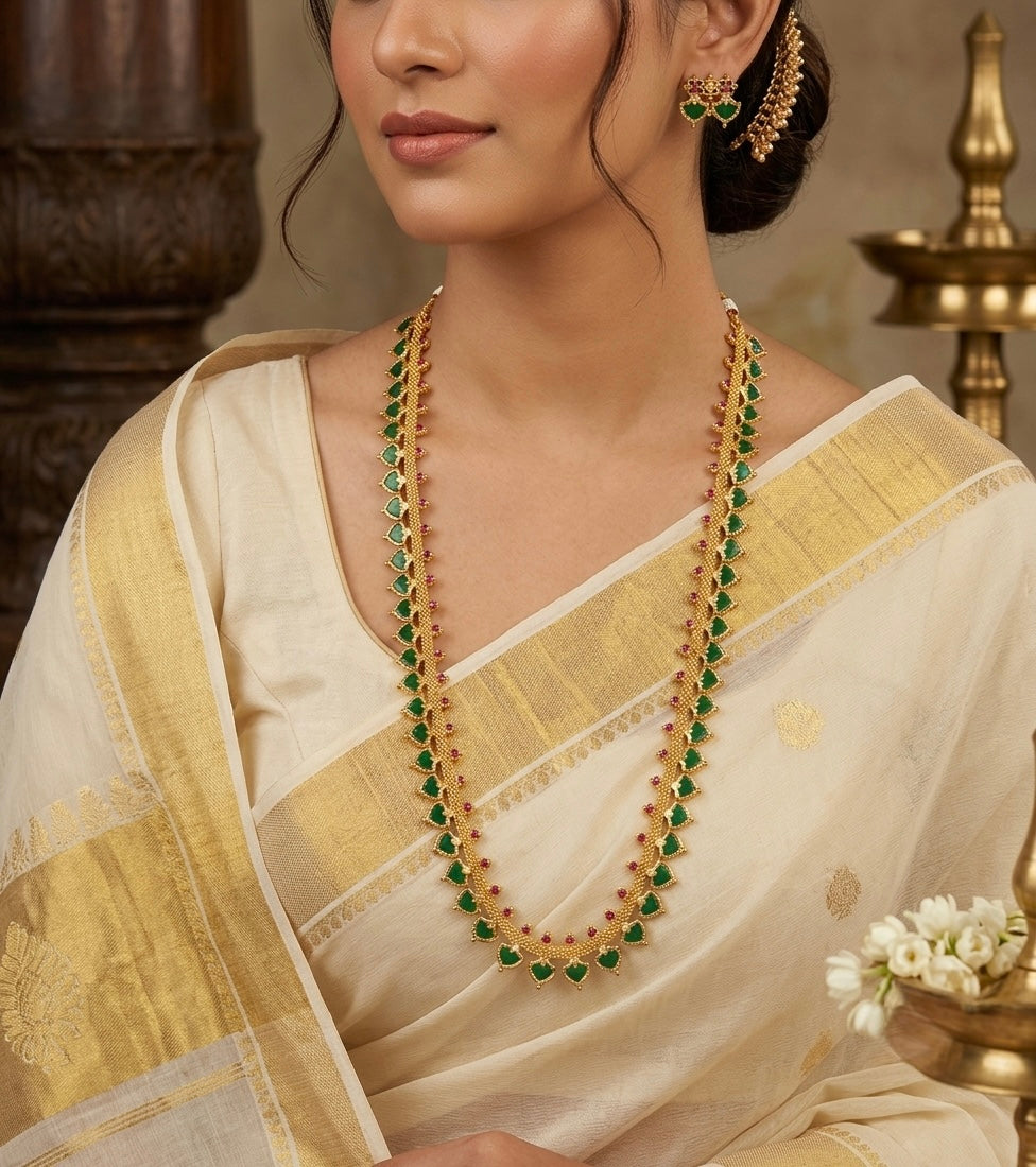 Gold tone pink-green palakka long haar set dj-54661