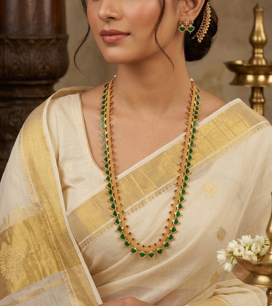 Gold tone pink-green palakka long haar set dj-54661