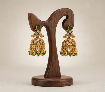 Antique gold tone white -green stone jhumkka dj-53565