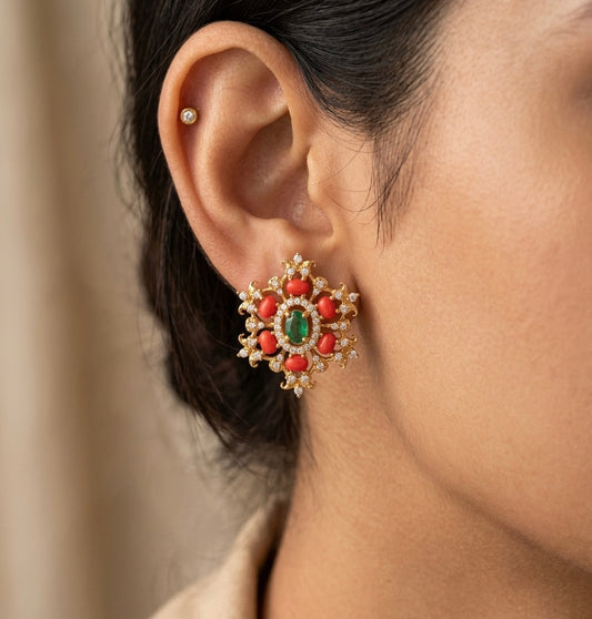 Matte finish white-green-coral flower stud/earrings dj-54649