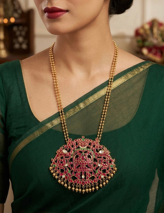 Gold tone pink-green-white kundan jadau big Shivaling peacock haar dj-54196