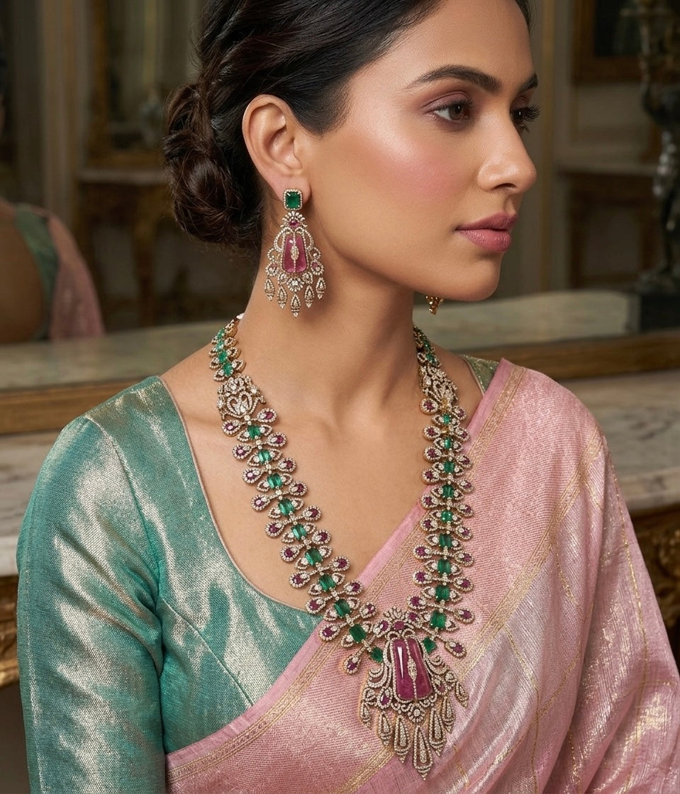 Antique gold cz white-pink peacock green stone haar set dj-54563