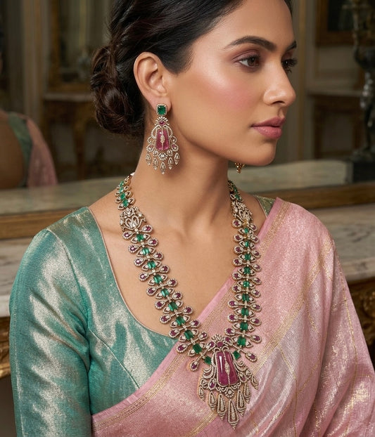 Antique gold cz white-pink peacock green stone haar set dj-54563