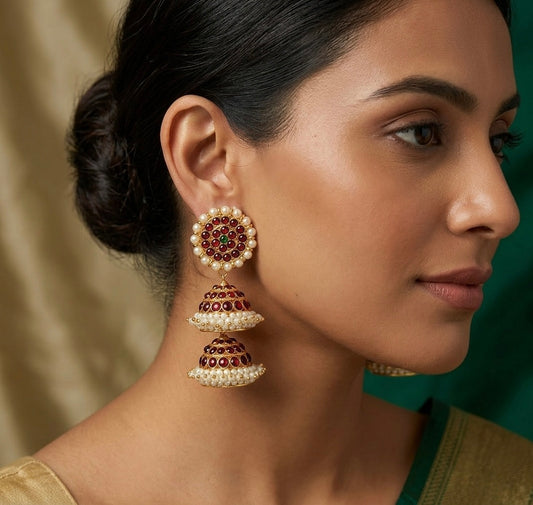 Gold tone kemp-pearl step jhumkka dj-45736