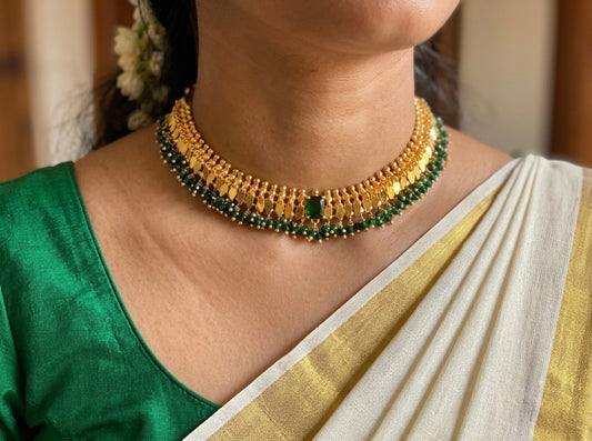 Gold tone Kerala style elakka green beaded choker necklace dj-54299