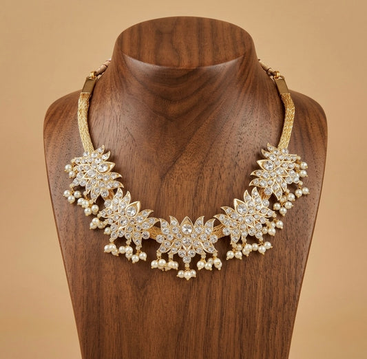 Gold tone AD white stone lotus pearl necklace dj-53224