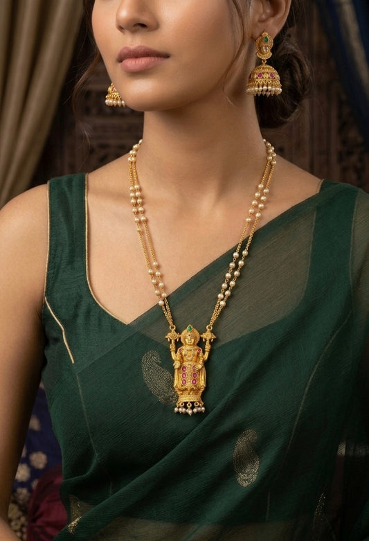 Antique gold tone pearl chain with kundan jadau Thirumal pendant set dj-55116