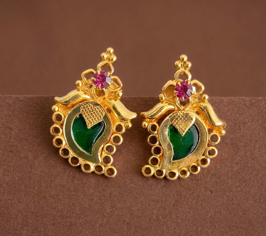 Gold tone pink-green stone mango kerala style stud/earrings dj-53113