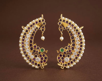 Gold tone precious kemp-green pearl khanpool peacock earrings dj-51449