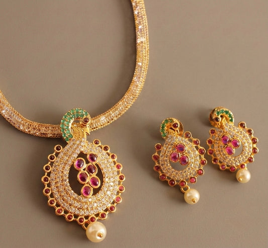 Gold tone kemp-green peacock necklace set-dj07411