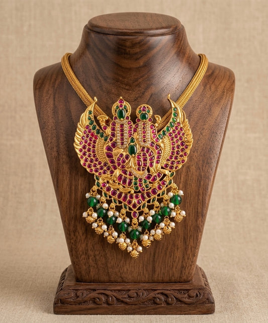 Antique gold tone lakshmi-mahavishnu kundan jadau necklace dj-53849