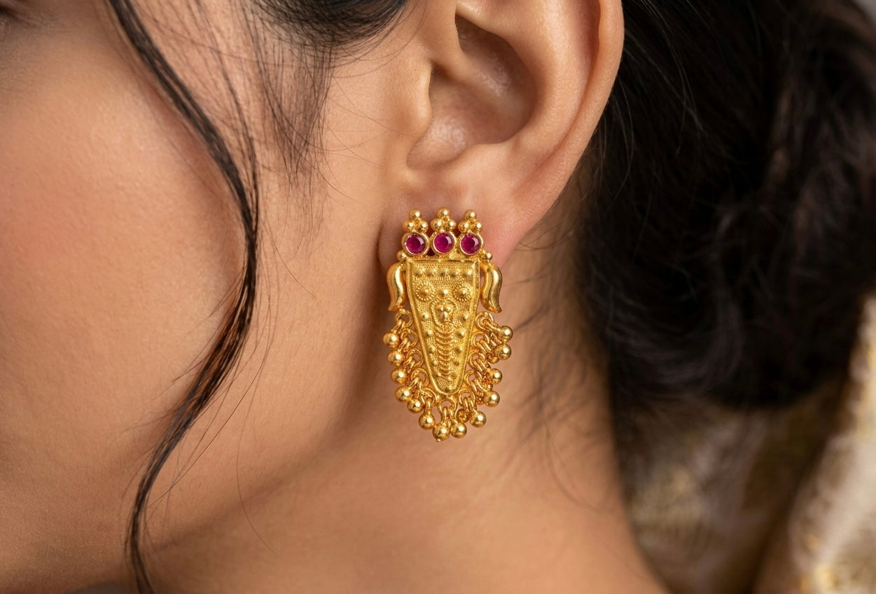 Gold tone pink stone gold cluster nethipattam earrings dj-54206