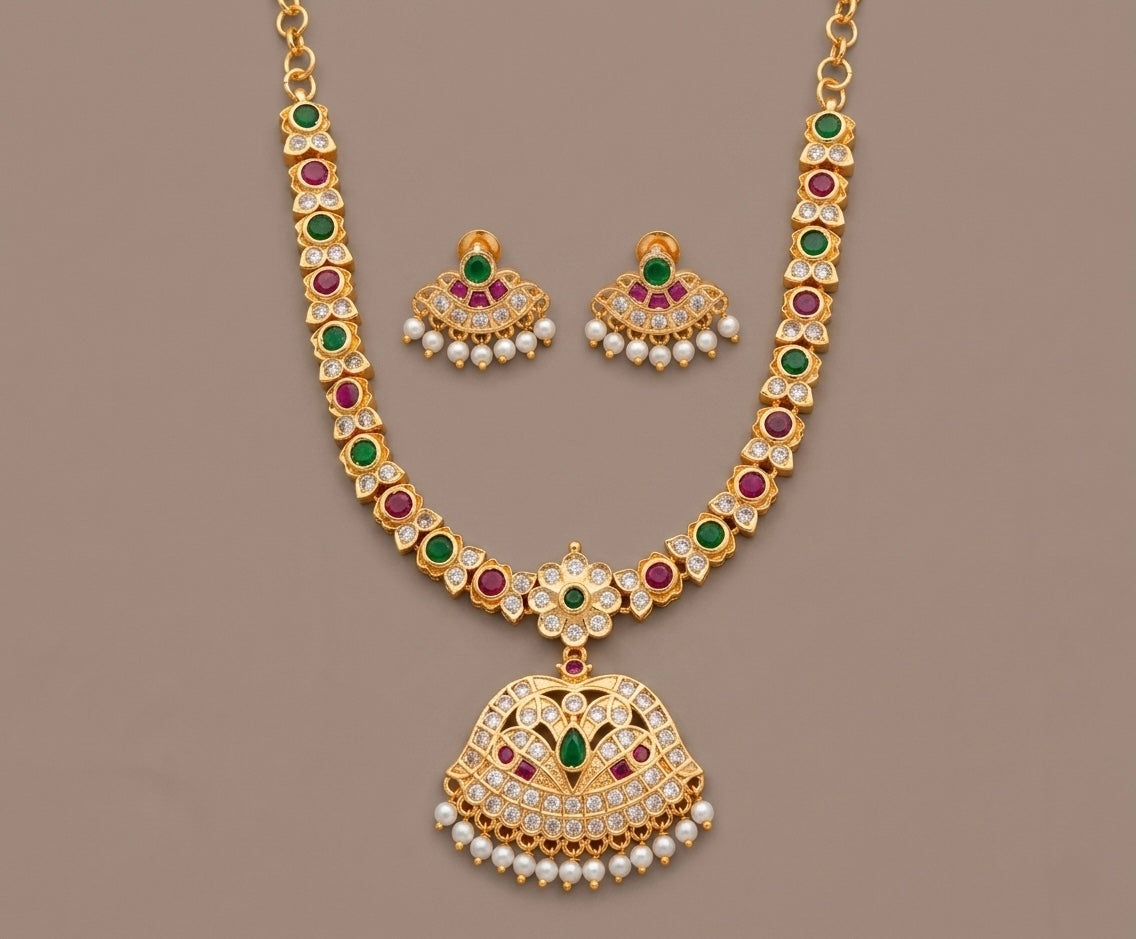 Gold tone AD pink-green stone south Indian style necklace set dj-53299