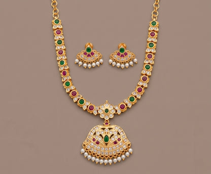 Gold tone AD pink-green stone south Indian style necklace set dj-53299