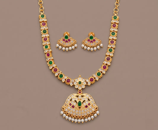 Gold tone AD pink-green stone south Indian style necklace set dj-53299