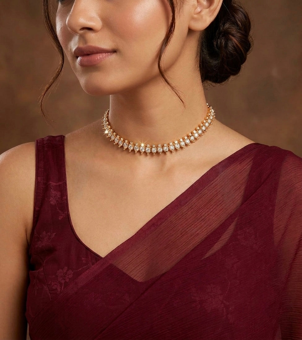 Gold tone AD white stone south Indian necklace dj-53332