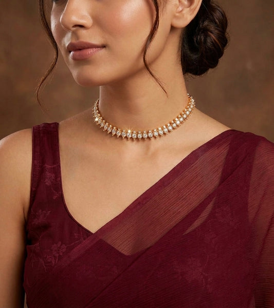 Gold tone AD white stone south Indian necklace dj-53332
