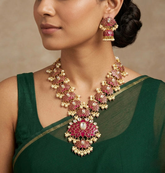 Gold tone pink-white kundan jadau lotus pearl beaded short haar set dj-50696