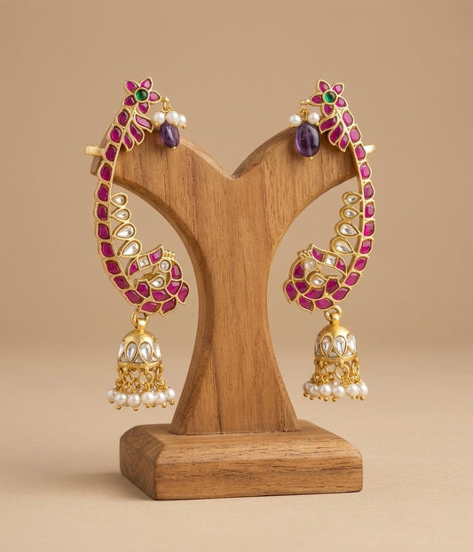 Gold tone kundan jadau peacock khanpool jhumkka dj-53580