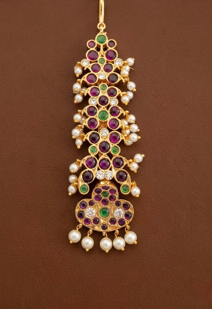 Gold tone precious kemp-white-green pearl Shri Naagar tikka dj-53368