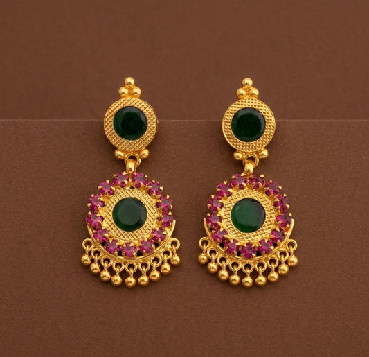 Gold tone round pink-green stone kerala style earrings dj-53122