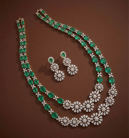 Two tone cz peacock green stone double layer short haar set dj-54411