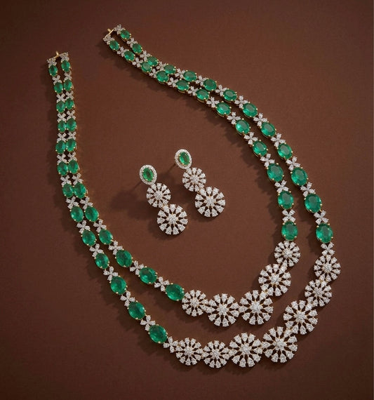 Two tone cz peacock green stone double layer short haar set dj-54411