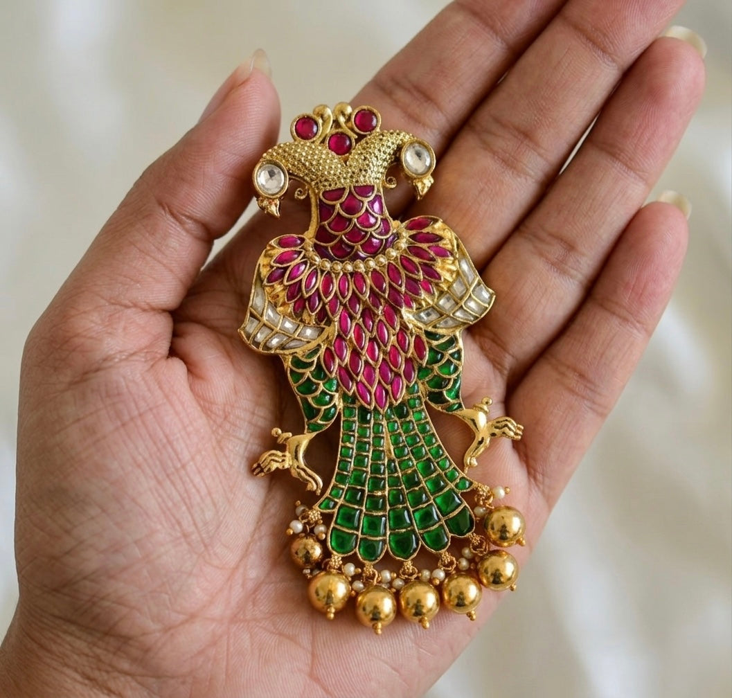 Antique gold tone pink-green kundan jadau Gandaberunda pendant dj-52598