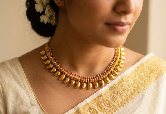 Gold tone pink stone kerala style mango necklace dj-44595