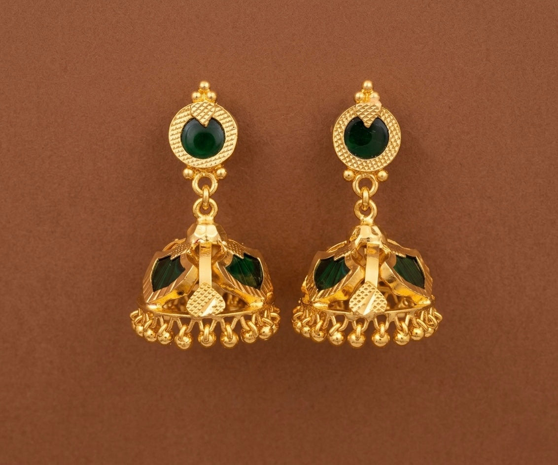 Gold tone kerala style green 3 petals of palakka jhumkka dj-53125