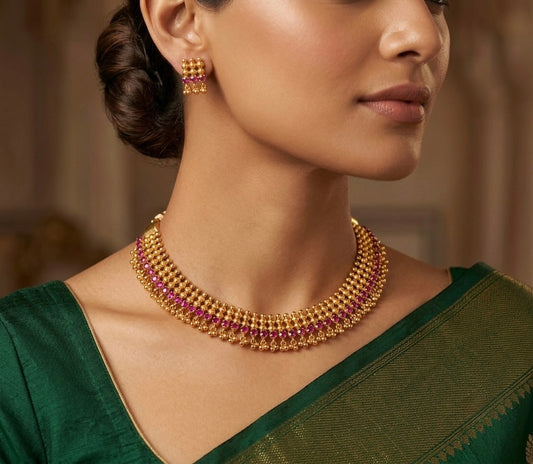 Gold tone kerala style ruby stone choker necklace set dj-54315