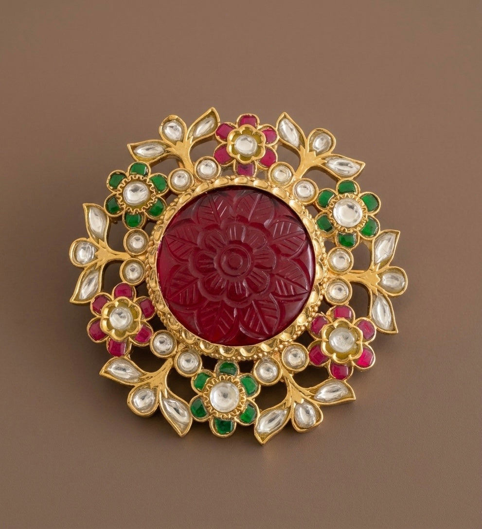 Gold tone red carved stone round jadau flower pendant dj-53848