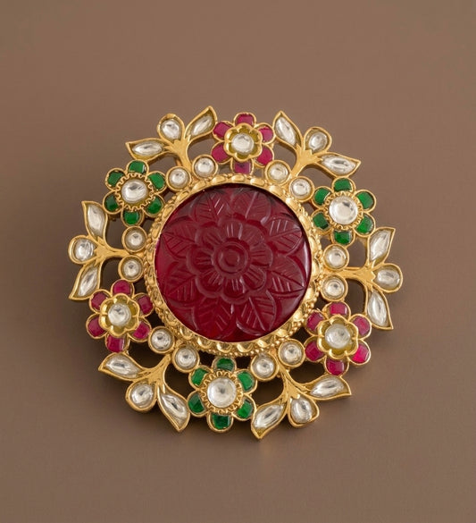 Gold tone red carved stone round jadau flower pendant dj-53848