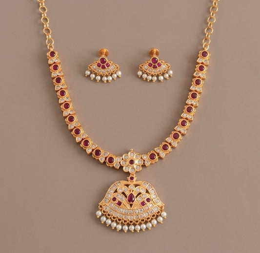 Gold tone AD pink south Indian style necklace set dj-53300