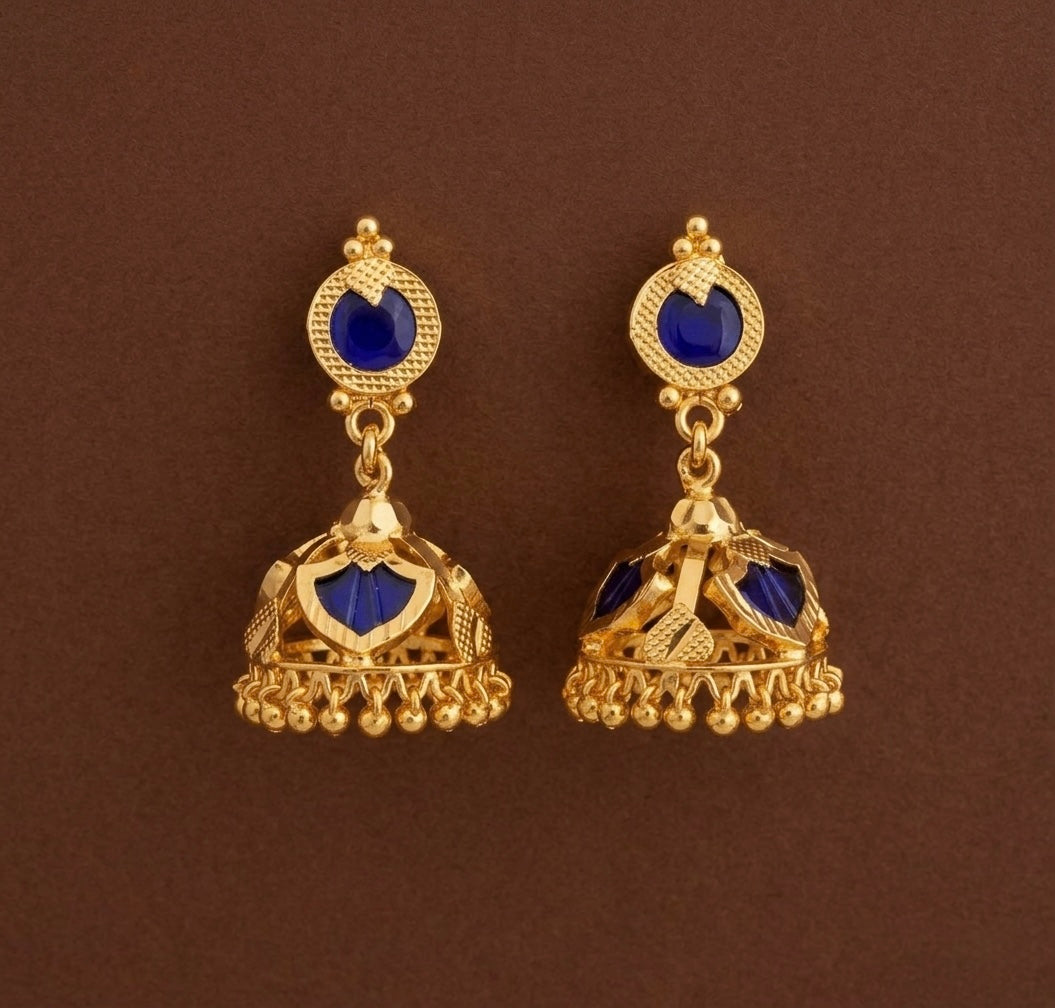 Gold tone kerala style blue 3 petals of palakka jhumkka dj-53127