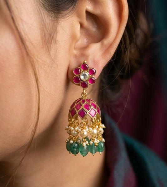 Antique gold tone pink-white stone kundan jadau green beaded pearl jhumkka  dj-54584