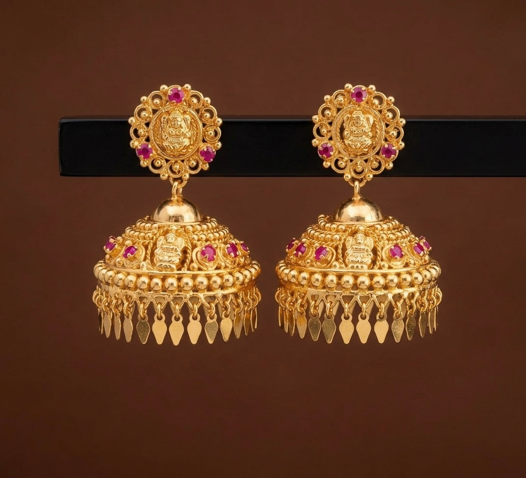 Gold tone ruby stone lakshmi elakka jhumkka dj-54303