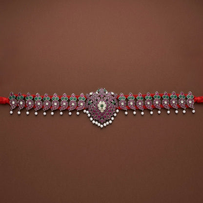 Black finish precious kemp-green-white pearl peacock mango waist band dj-53399