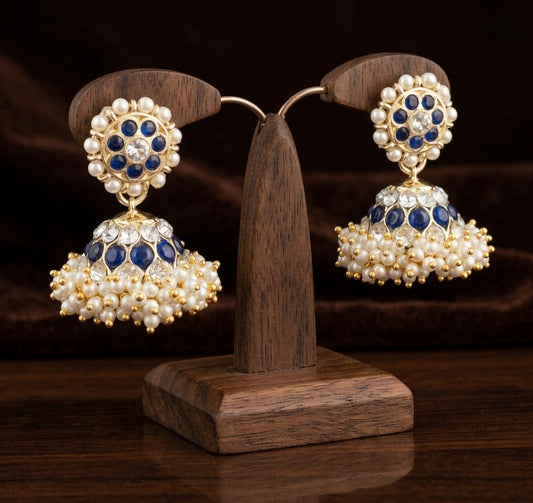 Gold tone precious white-blue stone pearl jhumkka dj-53908